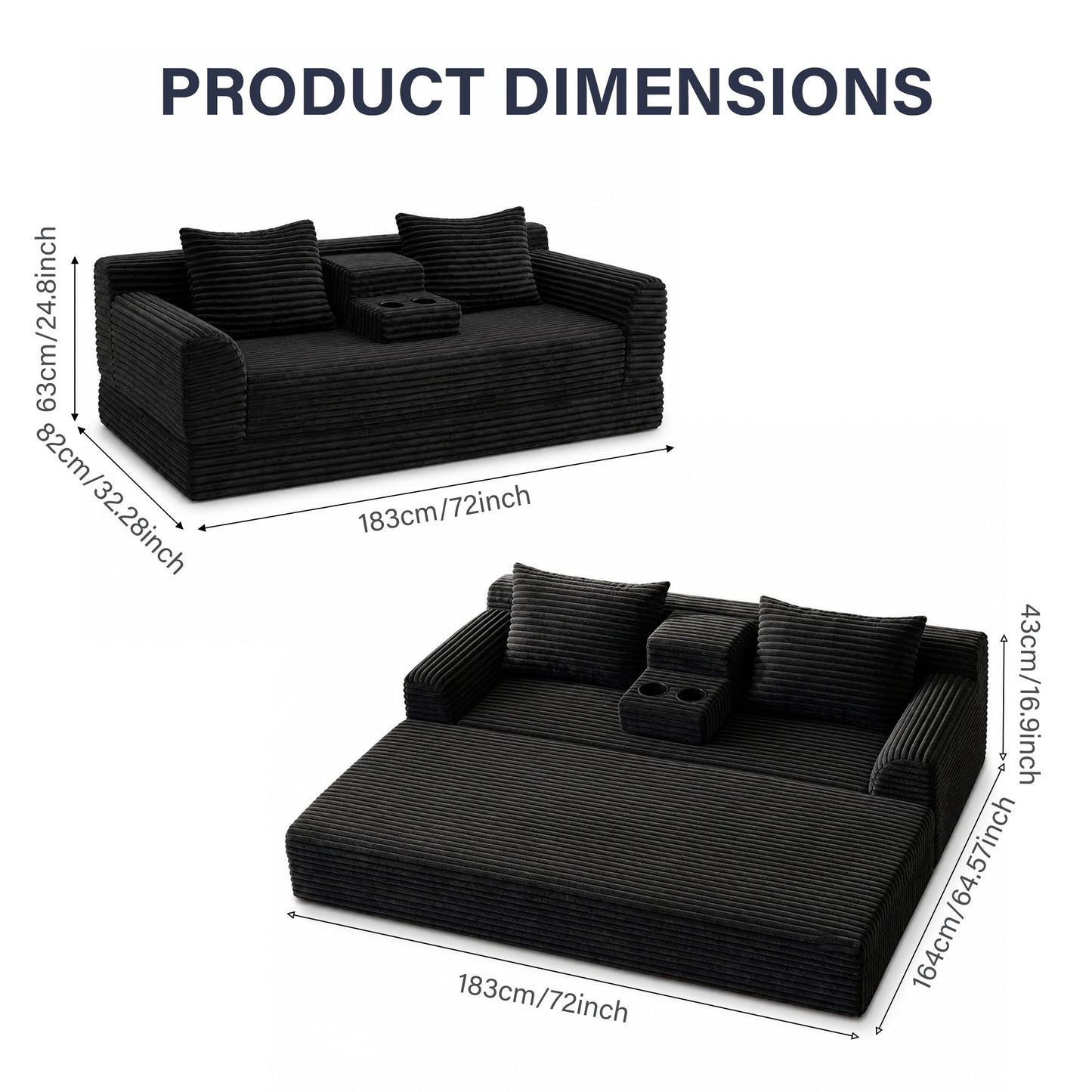 Soft Striped Convertible Sofa Bed, Dual Use Lounge Couch With Cup Holders And Pillows