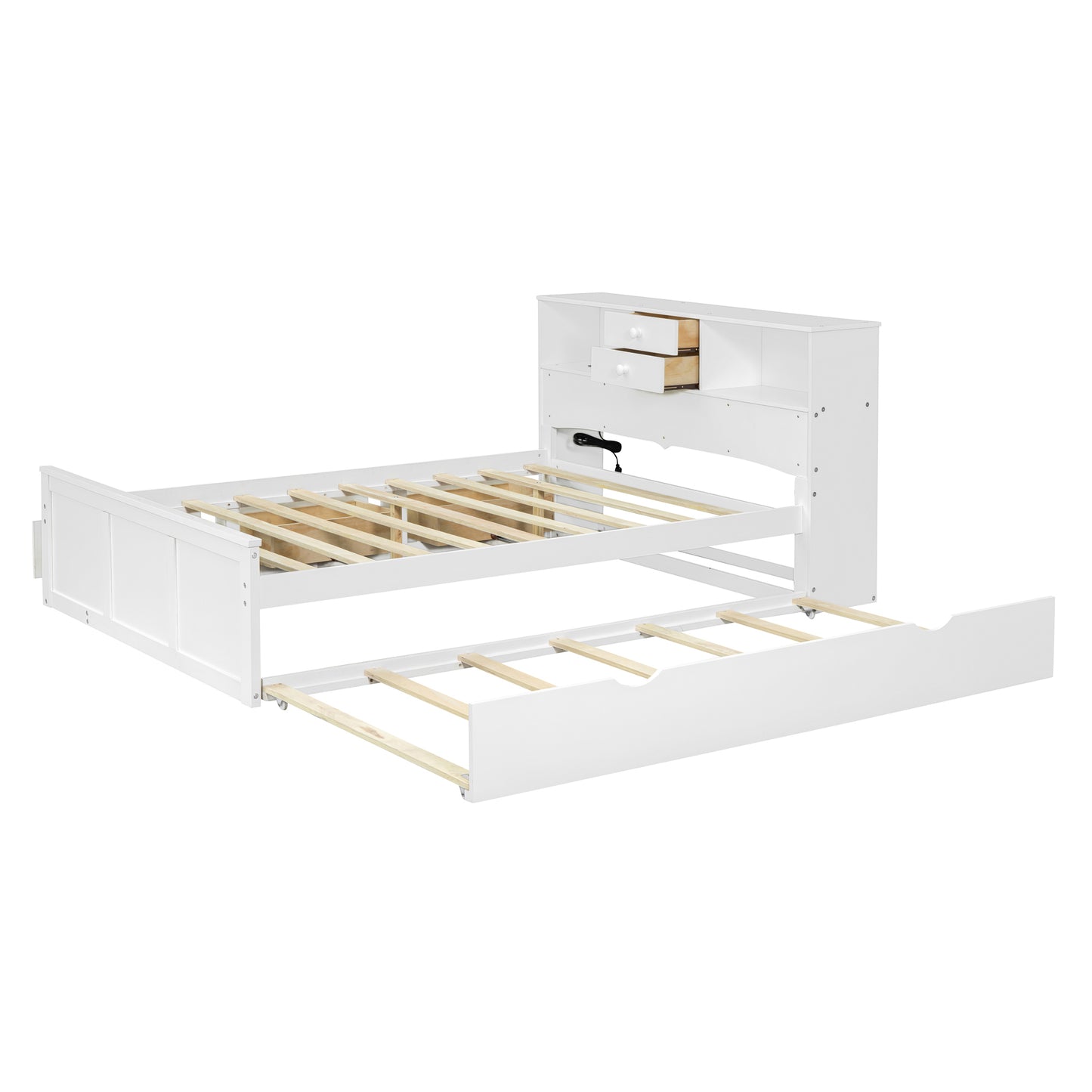 Full Size Wood Pltaform Bed with win Size Trundle, 3 Drawers, Upper Shelves and a set of USB Ports & Sockets, White