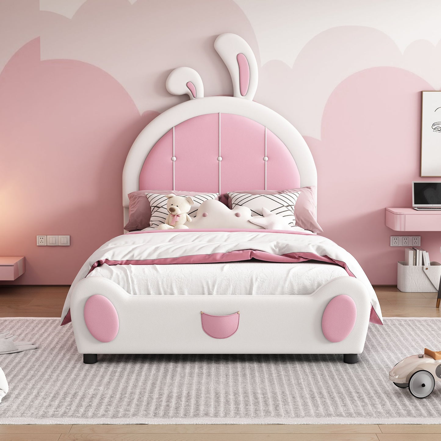 Twin Size Upholstered Platform Bed With Rabbit Shaped Headboard - White / Pink