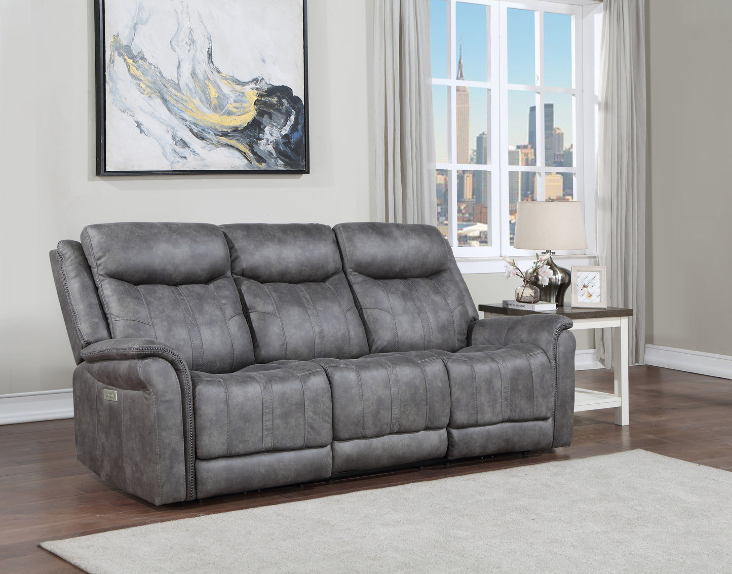 Transitional Power Reclining Sofa - Neutral Faux-Suede, Power Footrest, Power Headrest - Built to Last, USB Charging