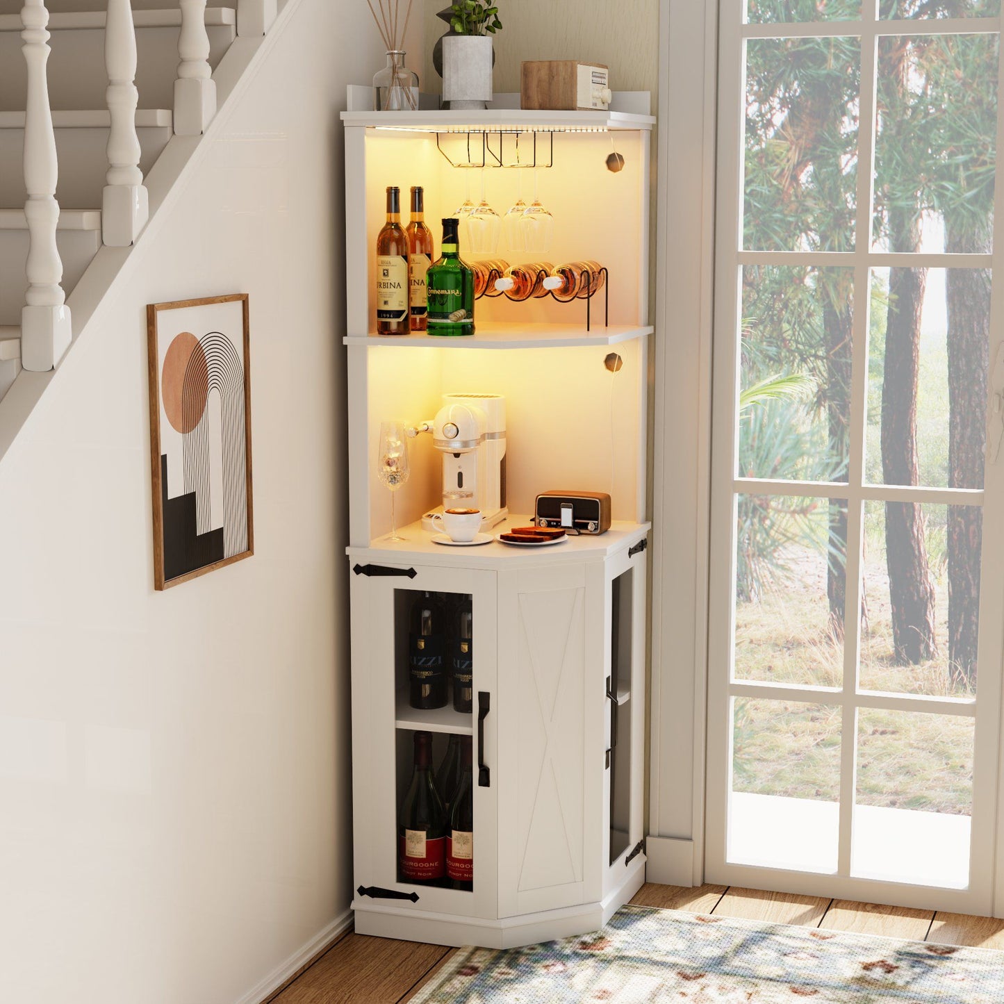 Corner Bar Cabinet With Power Outlet, Farmhouse Wine Bar Cabinet With Adjustable Shelves For Home, With Lights & Glass Rack For Dining Room, Living Room, Kitchen - White