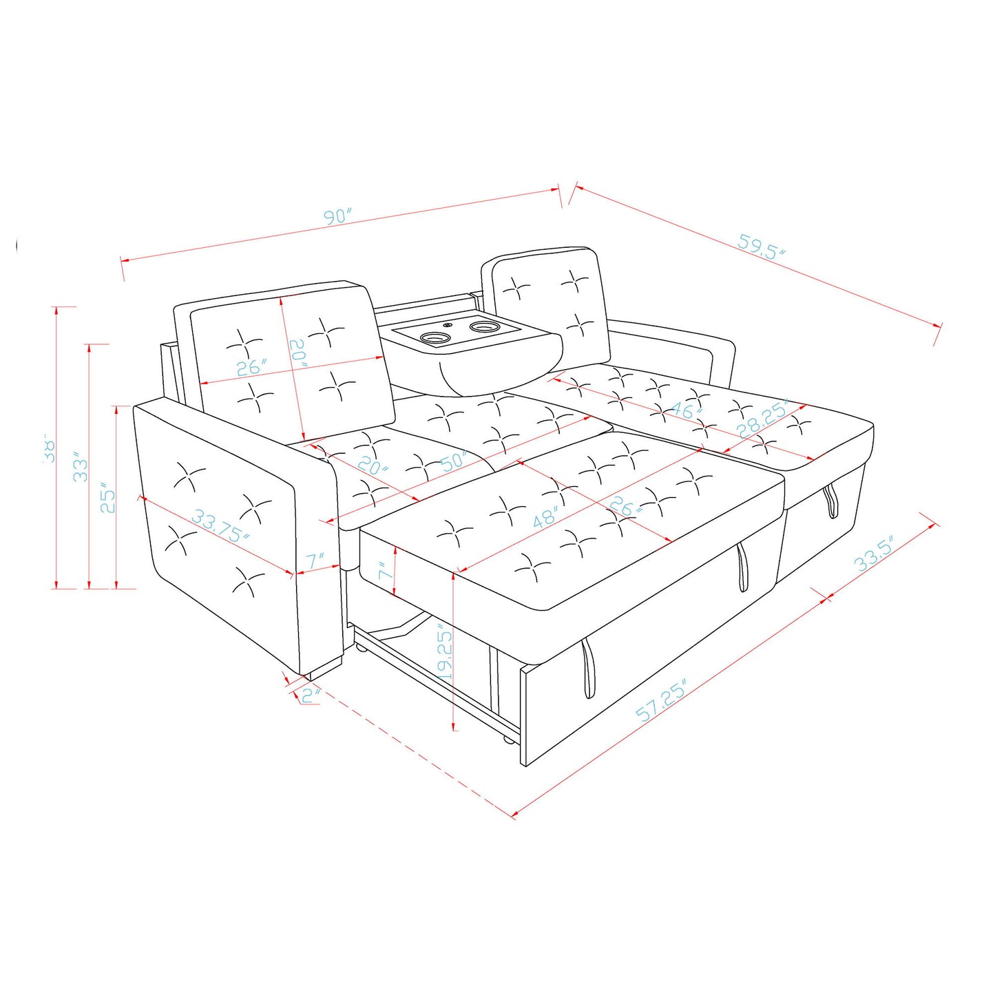 Gustavo - Sofa, Pull Out Bed, Storage Chaise, USB And Cup Holders - Beige