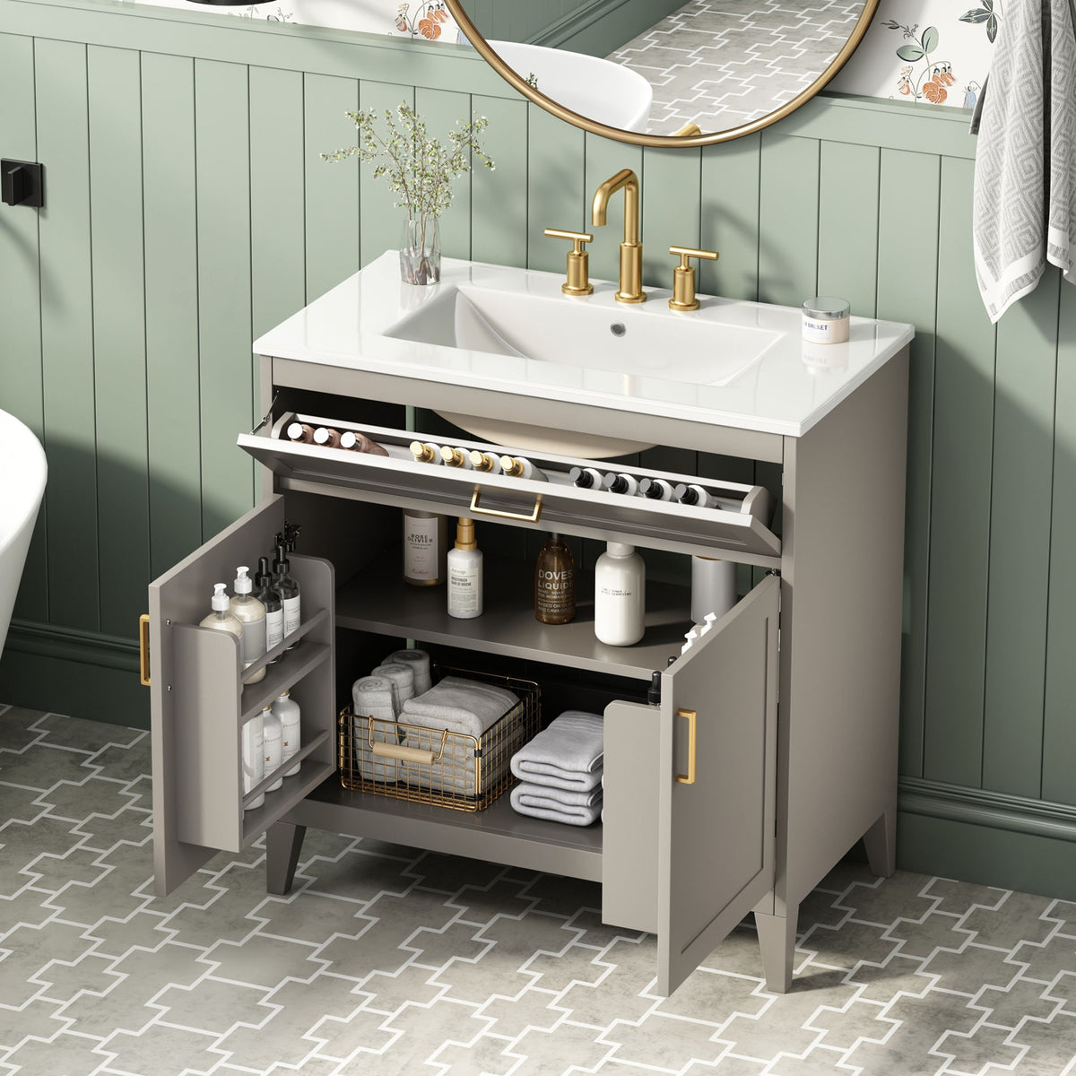 30" Bathroom Vanity With Sink Top, Soft Close Double Doors & Tip Out Drawer, Adjustable Interior Shelf, Door Mounted Organizers - Beige