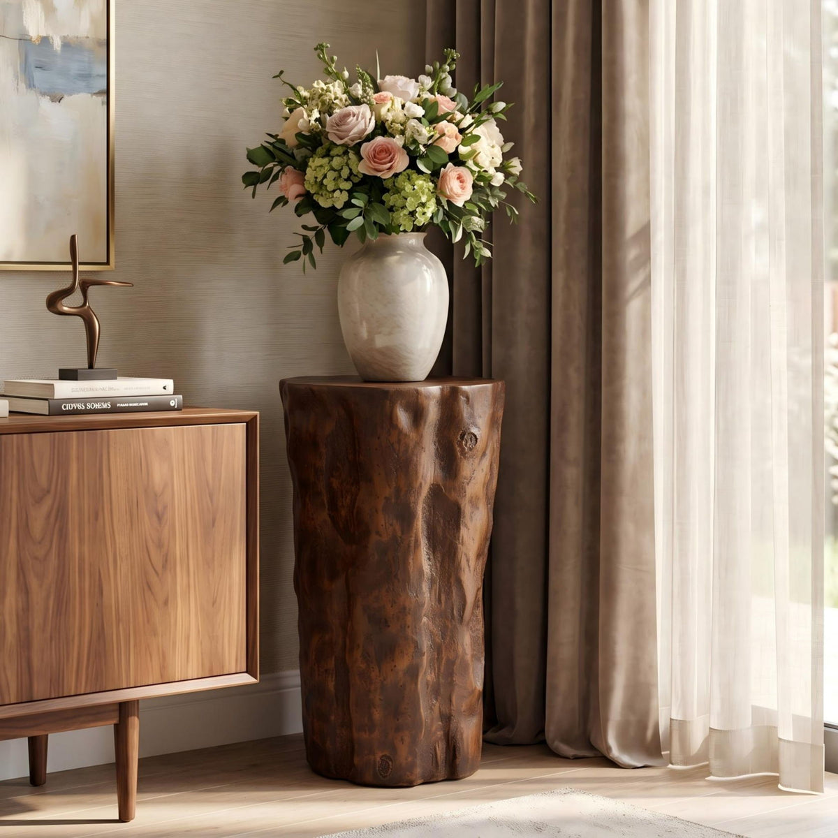 Tree Stump Side Table, Indoor / Outdoor Use - Antique Brown