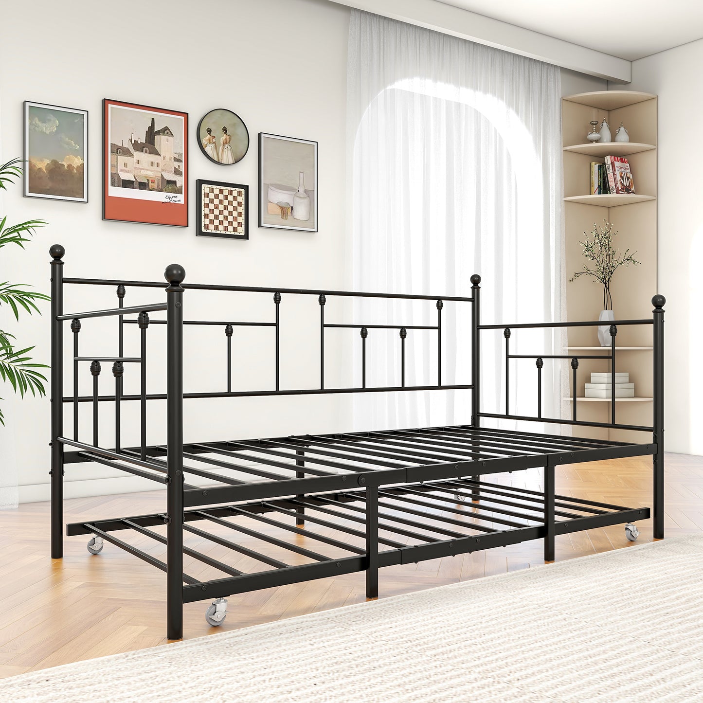 Twin Size Daybed Metal Frame with Trundle Set, Twin Day Bed Sofa, Daybed and Roll Sofa Bed for Guest Room, Bedroom, Living Room, Victorian Style, Black