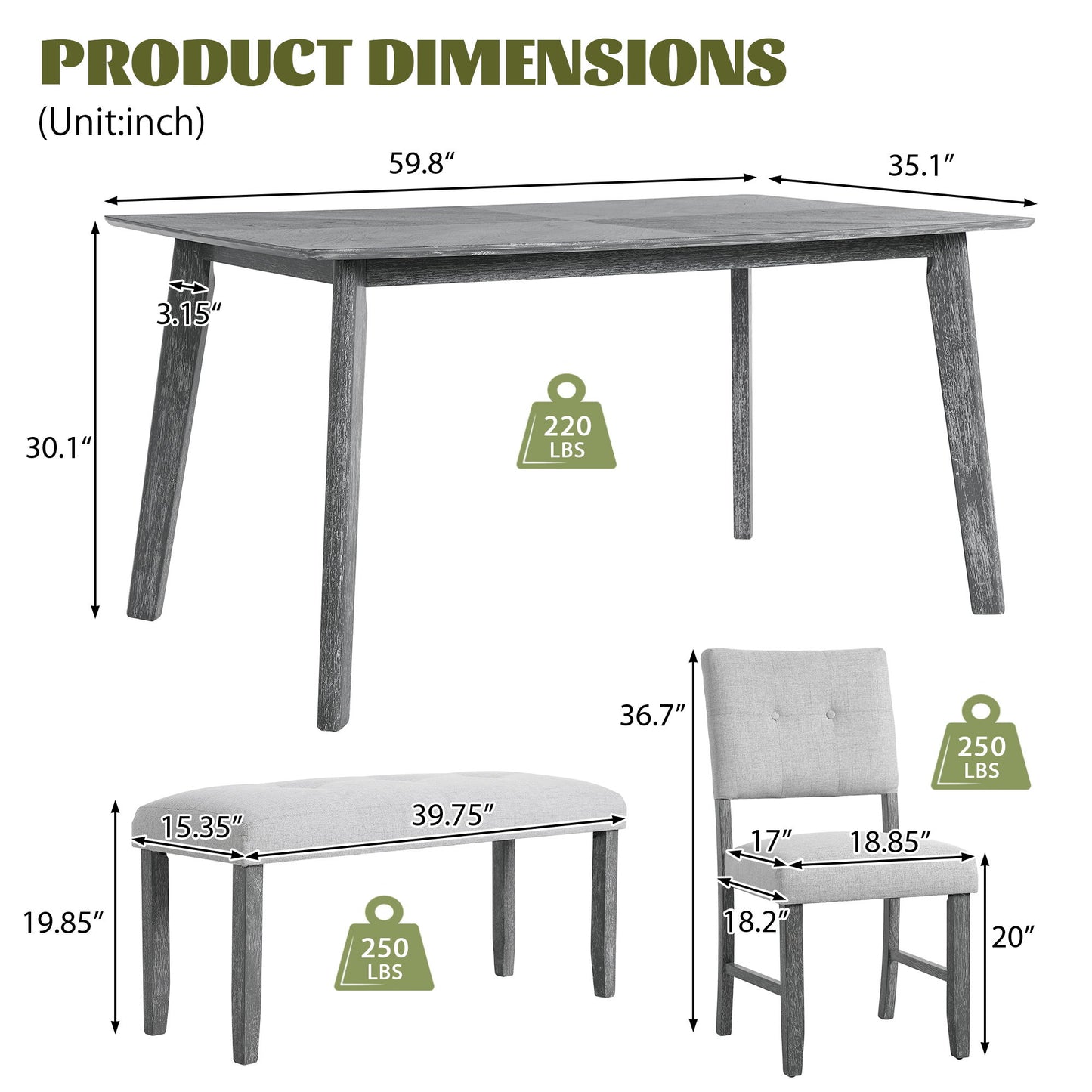 Rustic Farmhouse Dining Room Rectangular Table With 4 Upholstered Chairs And Bench