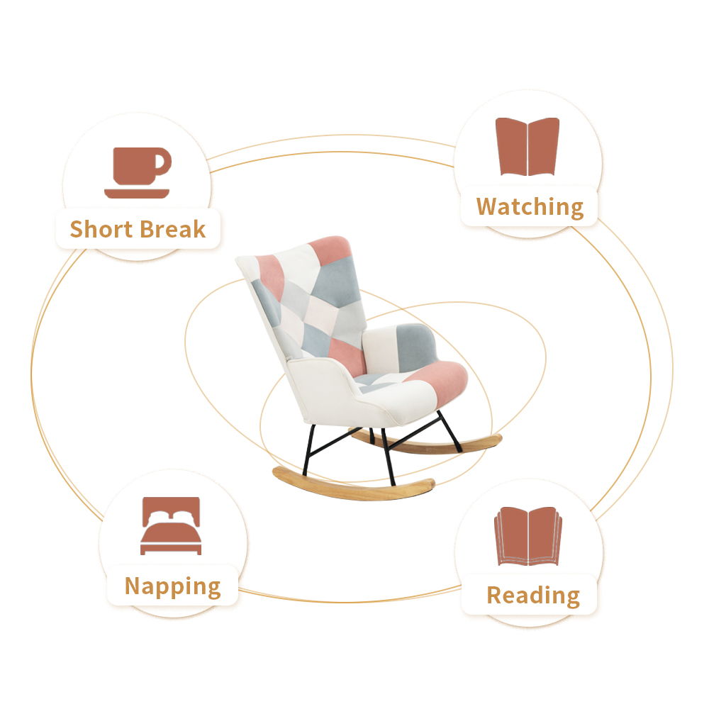 Accent Rocking Chair, Mid-Century Fabric Rocker Chair With Wood Legs And Patchwork Linen For Livingroom Bedroom