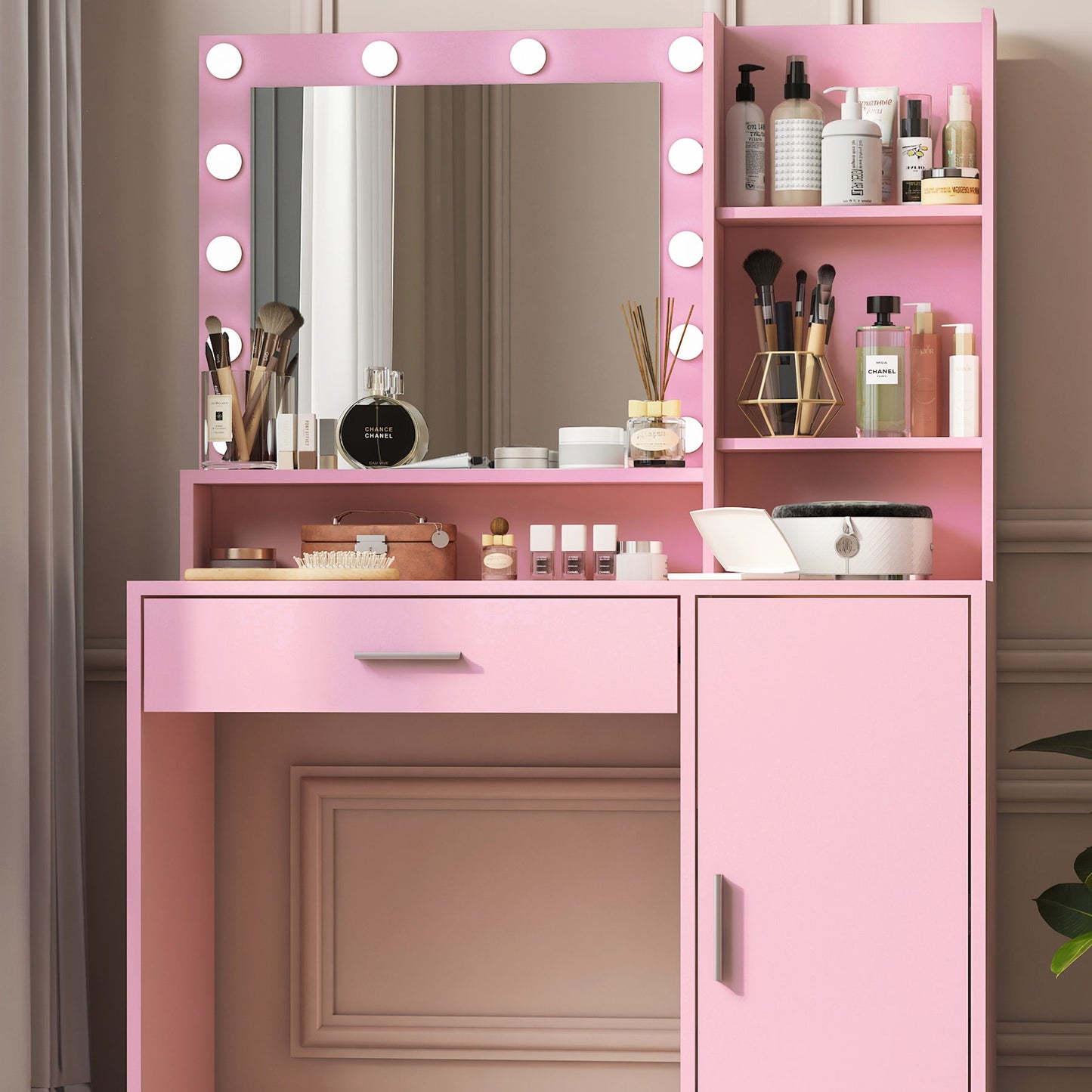 Vanity Desk With Mirror & Light, Large Drawer Three Level Storage Dresser, 3 Lighting Modes Adjustable Brightness, Bedroom Dressing Table