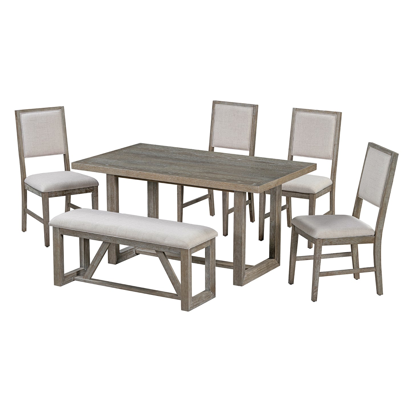 TREXM 6-Piece Retro Dining Set, 1 Rectangular Table with Designed Trestle Base and 4 Upholstered Chairs and 1 Bench for Dining Room and Kitchen (Gray)