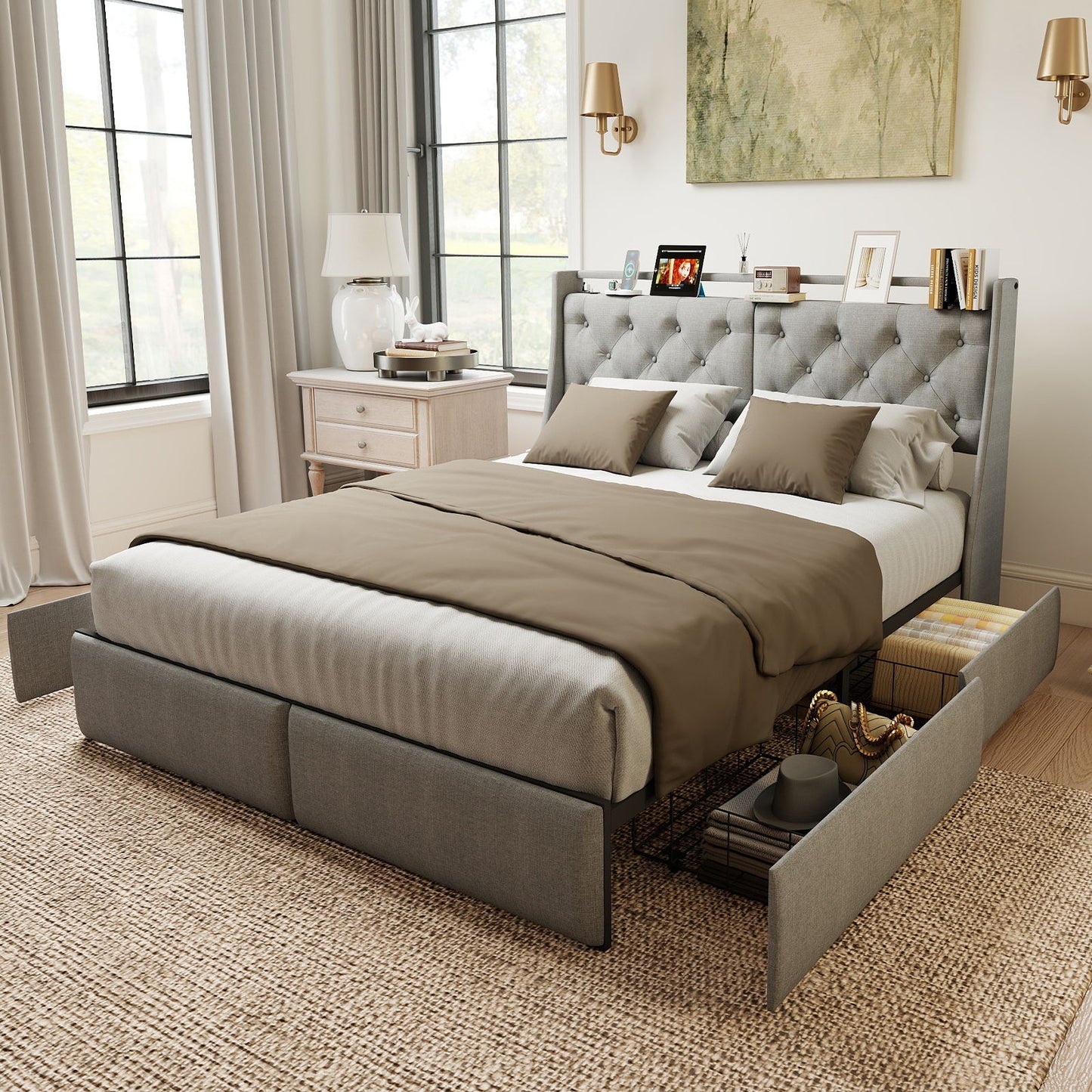 Queen Platform Bed Frame With RGB LED & Charging Station, Storage Headboard - Gray