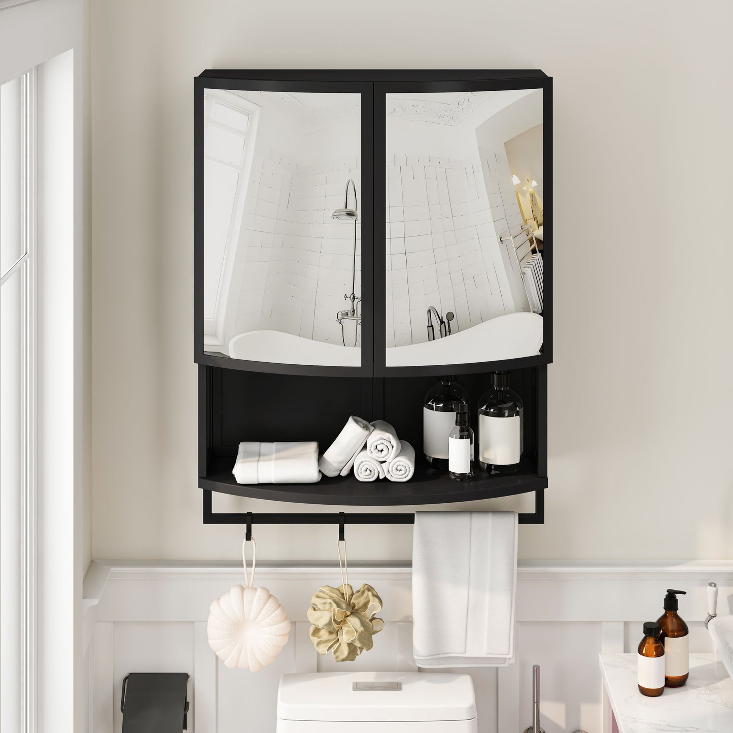Arched Glass Double Door Wardrobe With Shatterproof Mirror, Open Shelf & Towel Rack