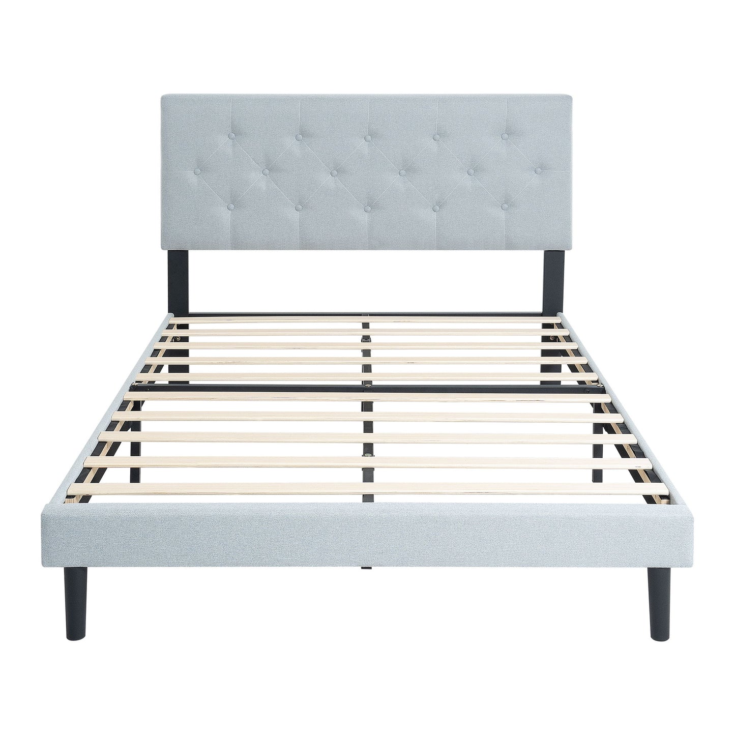 Modern Upholstered Platform Bed Frame With Button Tufted Linen Fabric Headboard
