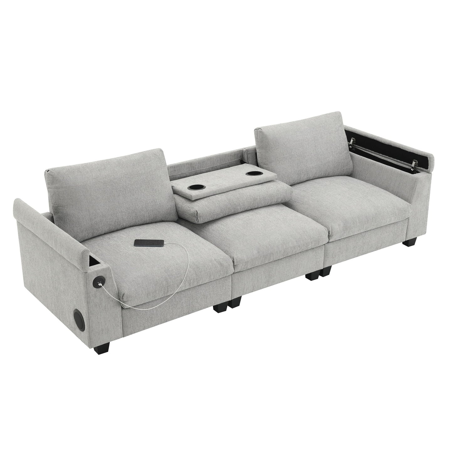 Sectional With Bluetooth Speaker Comfy Cloud Couch Set With Drop Down Table Cup Holders, USB Charger Storage Armrest Wide Seat Sofa