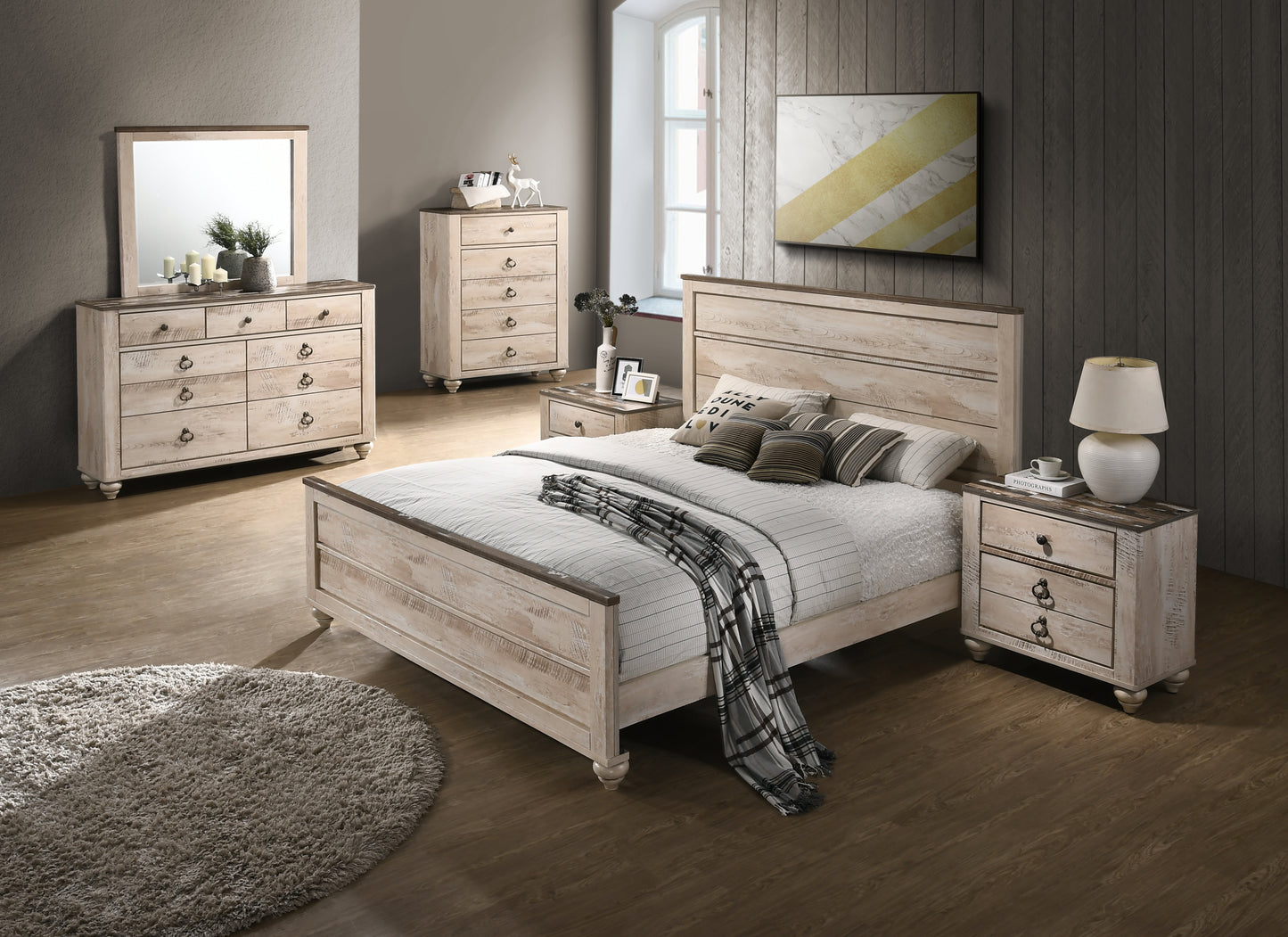 Imerland Contemporary White Wash Finish Bedroom 6-piece Set, King Bed, Dresser, Mirror, 2 Nightstands, Chest