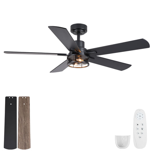 Ceiling Fan With Light, Dual‑Sided Matte Black & Wood Grain Blades - Black