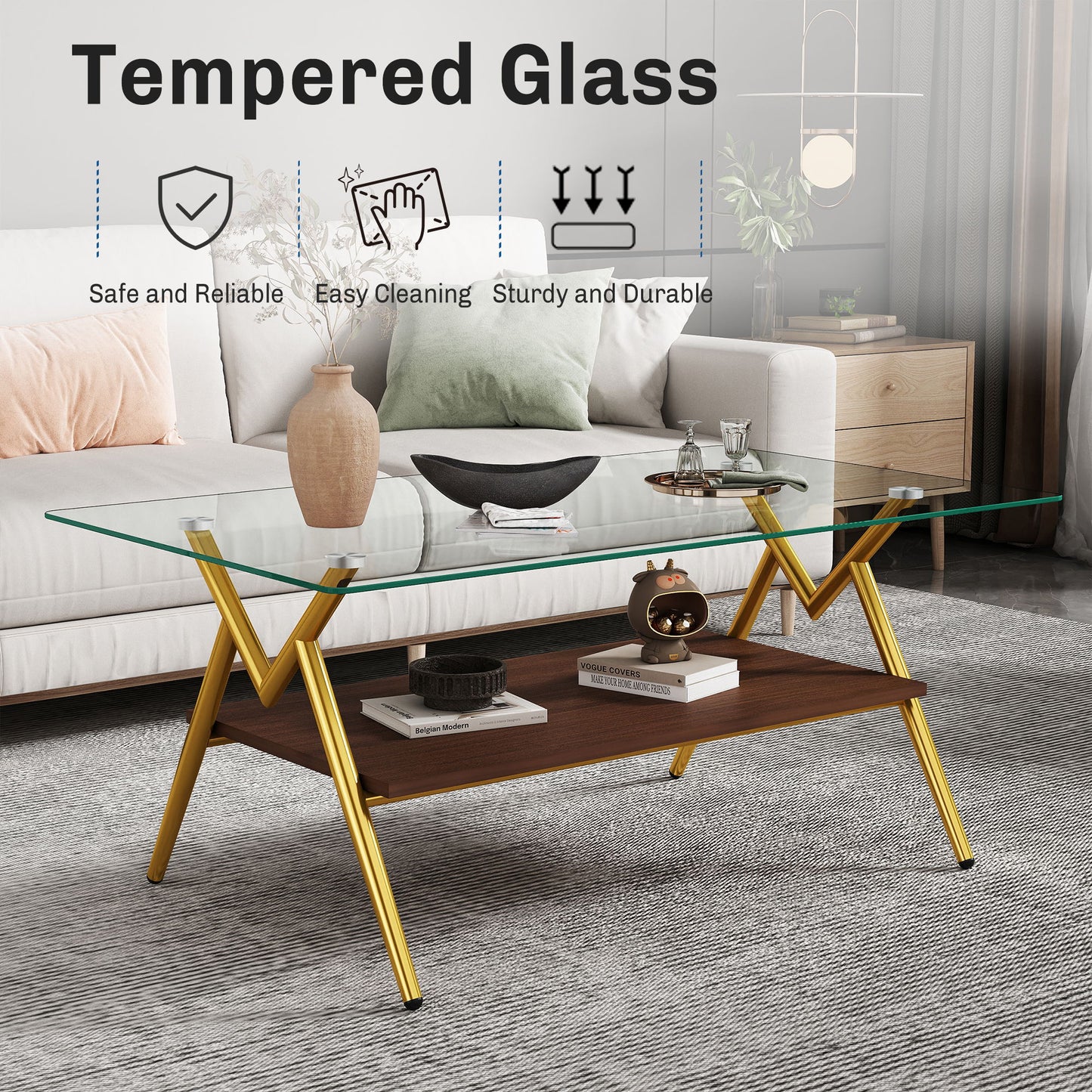 Rectangle Coffee Table With Tempered Glass Top And Shelf, Modern Table For Living Room