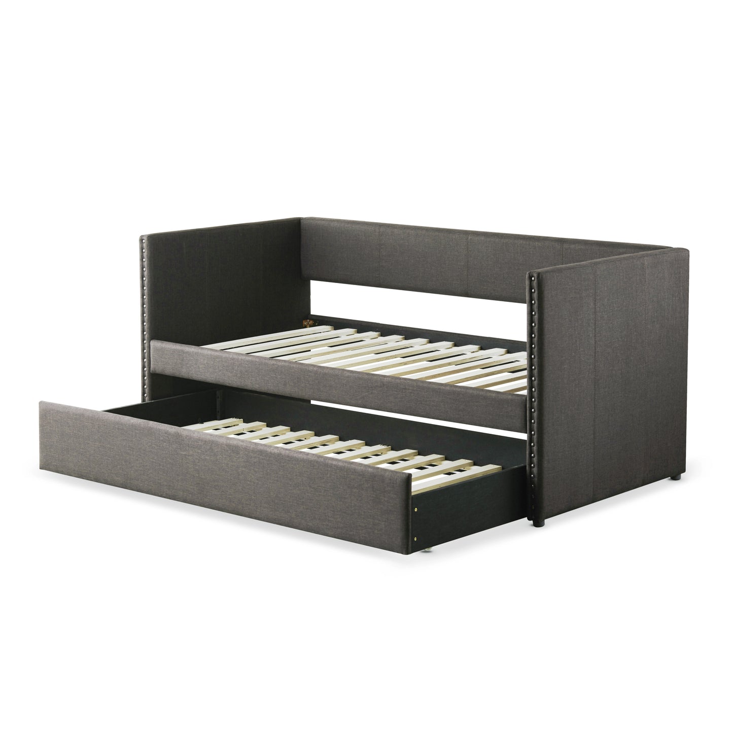 Gray Fabric Upholstered 1pc Day Bed with Pull-out Trundle Nailhead Trim Wood Frame Furniture