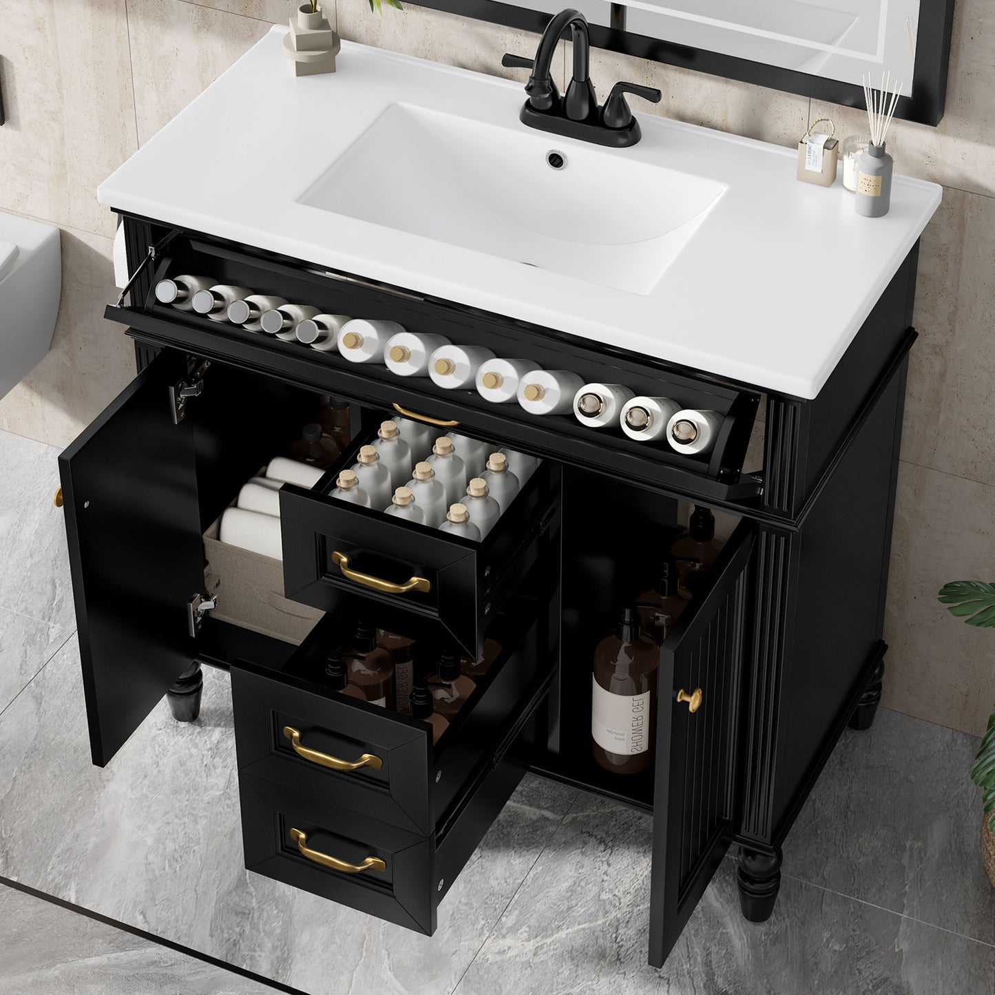 Bathroom Vanity With Sink, Flip-Out Top Drawer, Soft Close Doors, 2 Storage Drawers
