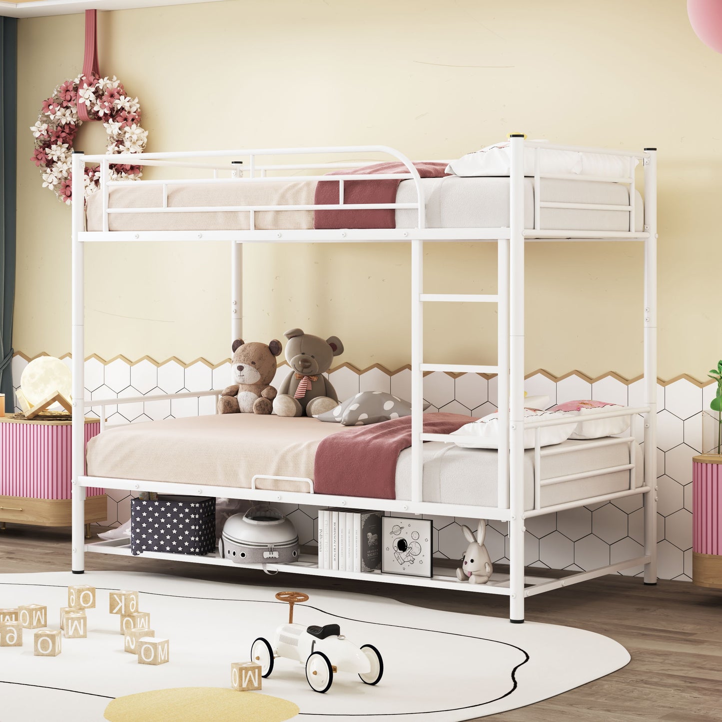 Twin Over Twin Metal Bunk Bed With Shelf And Guardrails