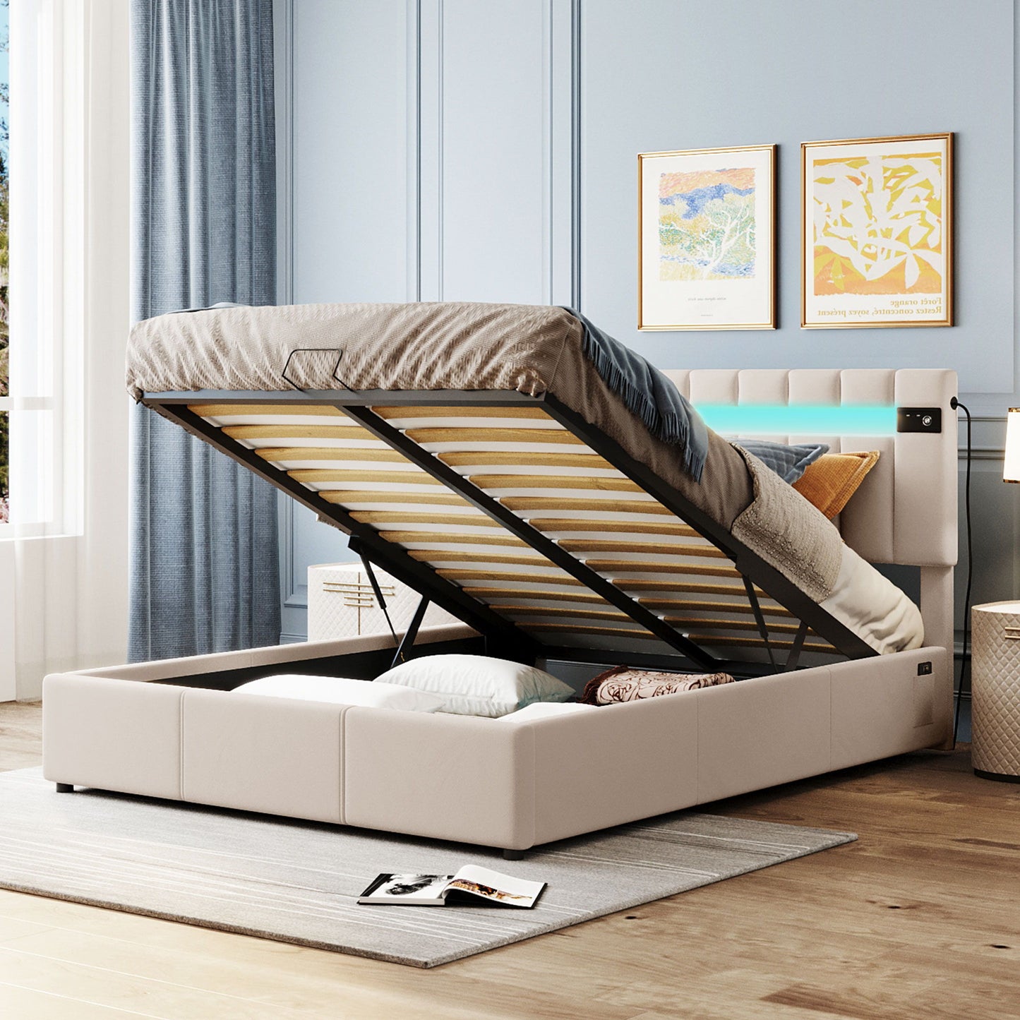 Queen Size Upholstered Bed With Led Light - Bluetooth Player And USB Charging, Hydraulic Storage Bed