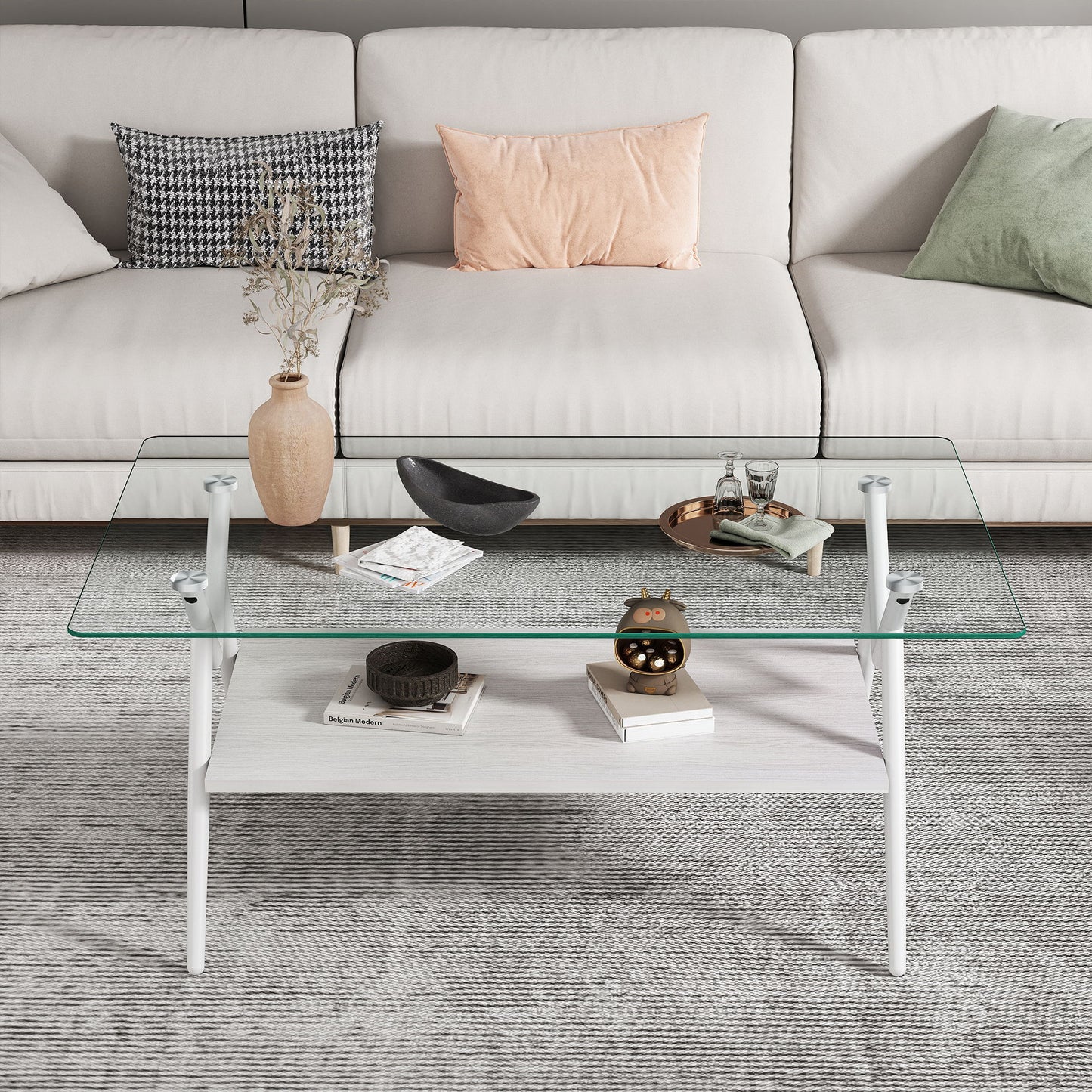 Rectangle Coffee Table With Tempered Glass Top And Shelf, Modern Table For Living Room