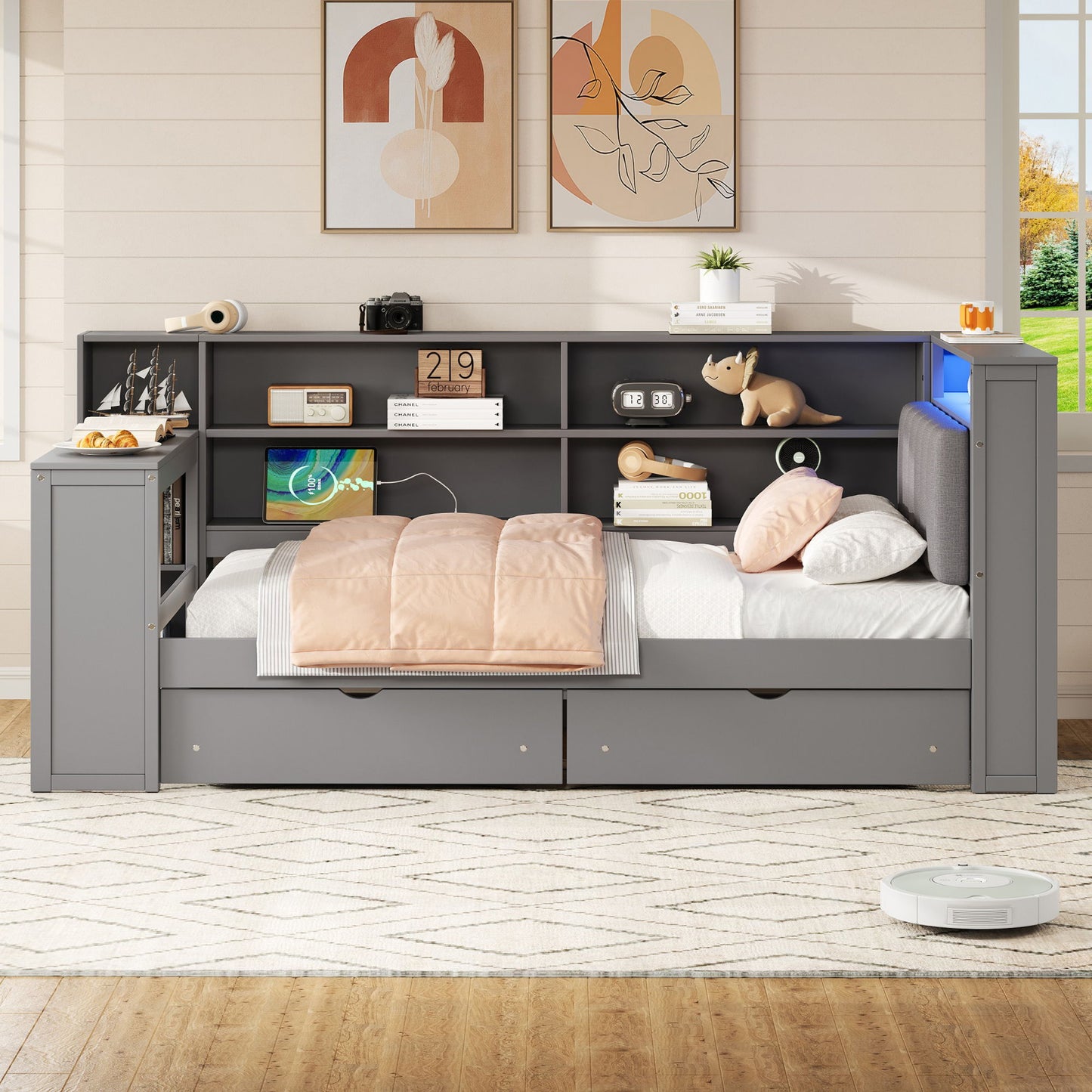 Platform Bed With Upholstered Headboard, Storage Shelves, Drawers, Charging Station, LED Lighting, Built In Desk