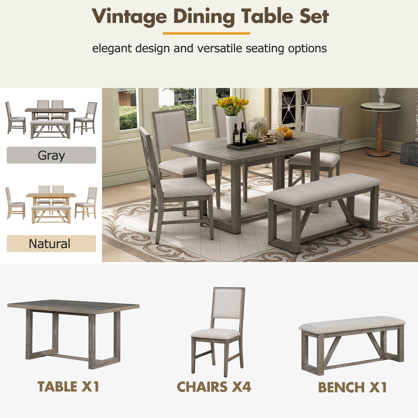 TREXM 6-Piece Retro Dining Set, 1 Rectangular Table with Designed Trestle Base and 4 Upholstered Chairs and 1 Bench for Dining Room and Kitchen (Gray)