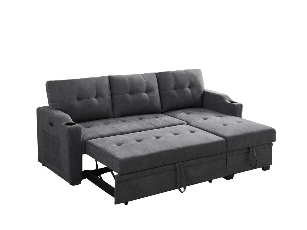 Mabel - Woven Fabric Sleeper Sectional With Cupholder, USB Charging Port nd Pocket - Dark Gray