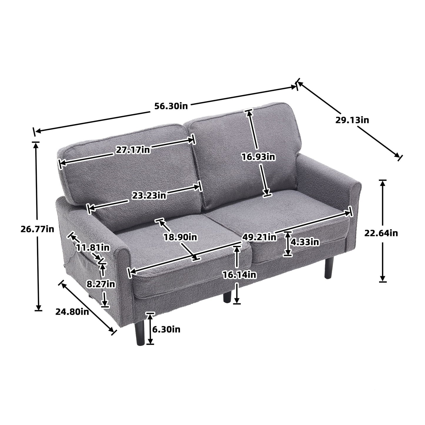 Mid Century Modern Loveseat Sofa With USB Ports, Removable Pillow Cover
