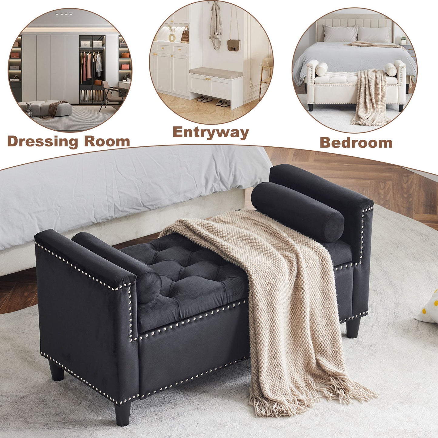 Queen Velvet Button Bedside Storage Bench With Armrests, Nailhead Trim