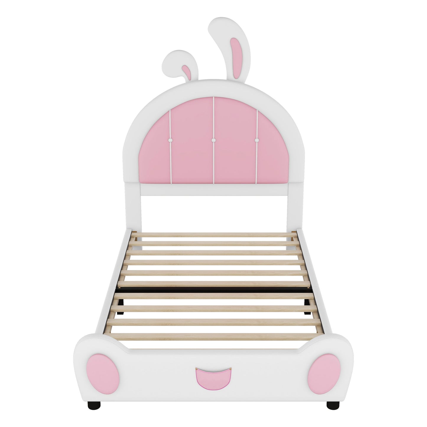 Twin Size Upholstered Platform Bed With Rabbit Shaped Headboard - White / Pink