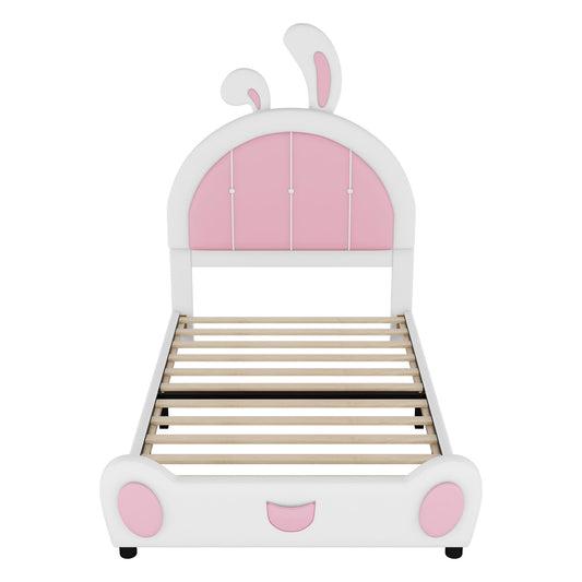 Twin Size Upholstered Platform Bed With Rabbit Shaped Headboard - White / Pink