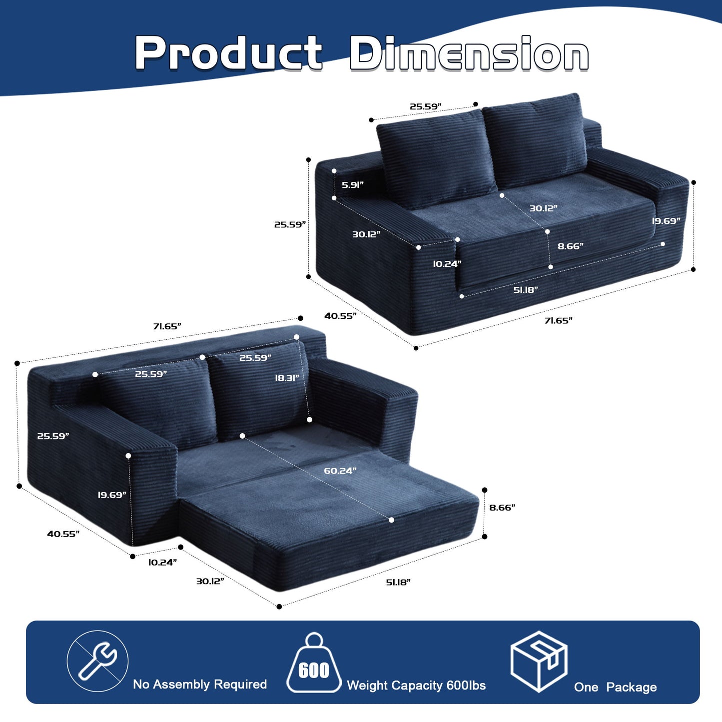 Loveseat Sofa, Comfortable Deep Seat Sofa Bed, Modern Small Corduroy Couch For Living Room Bedroom,Reversible Cushion With Pillows,No Assembly Required, Dark Blue