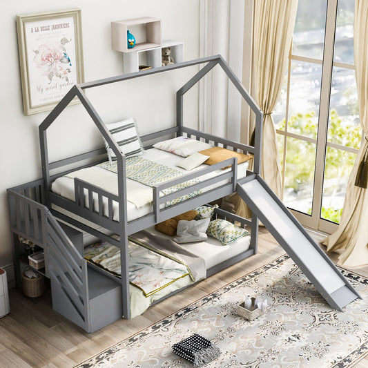 Twin Over Twin House Bunk Bed With Convertible Slide, Storage Staircase