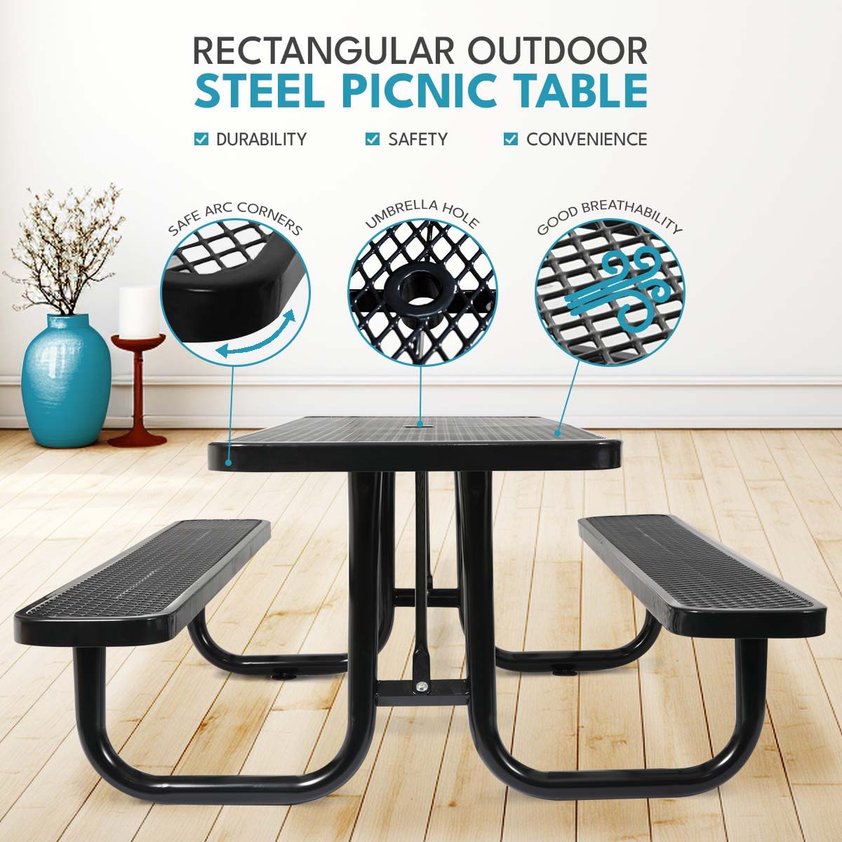 Outdoor Steel Picnic Rectangular Table With Umbrella Pole