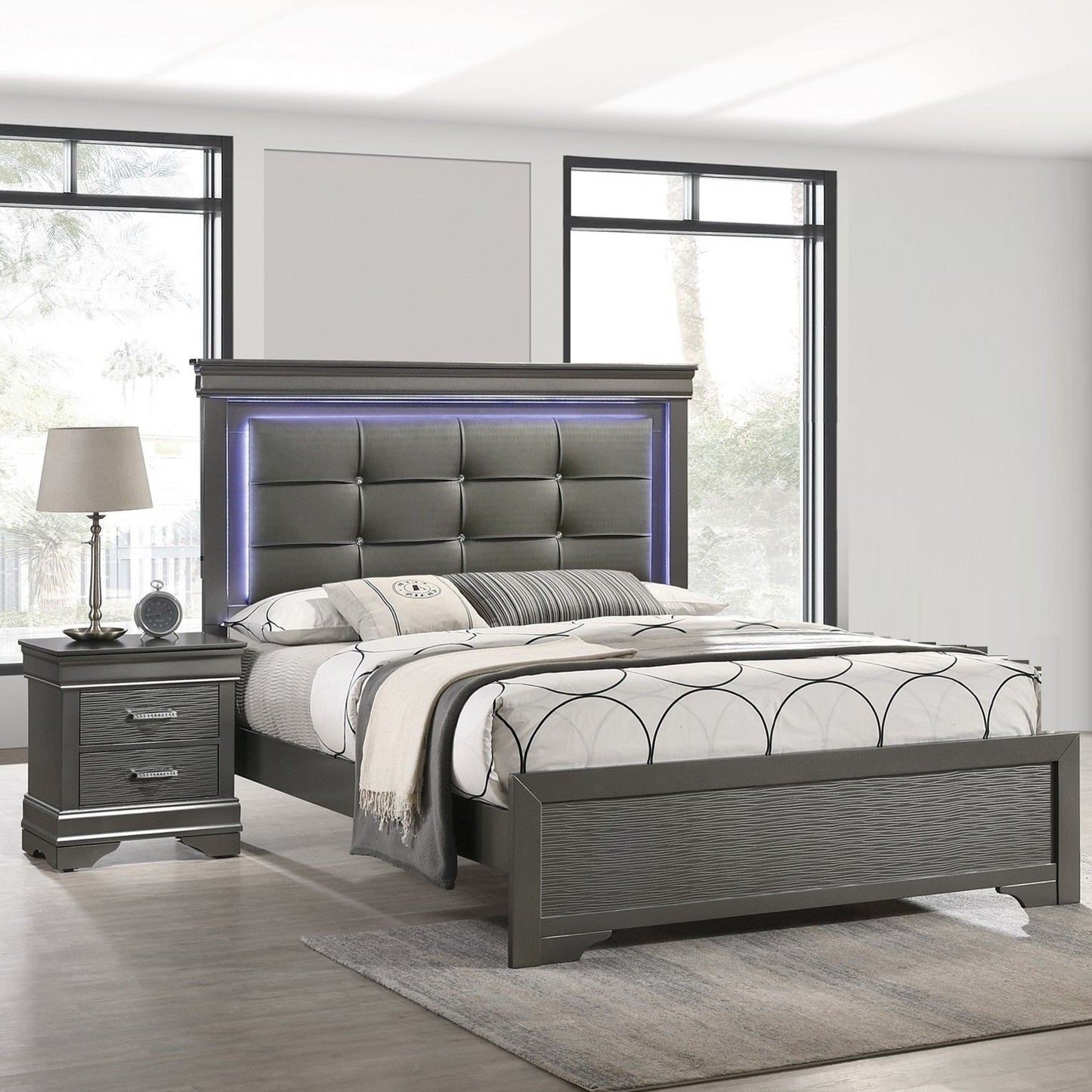 Bed With Square Button Tufting And LED Lights