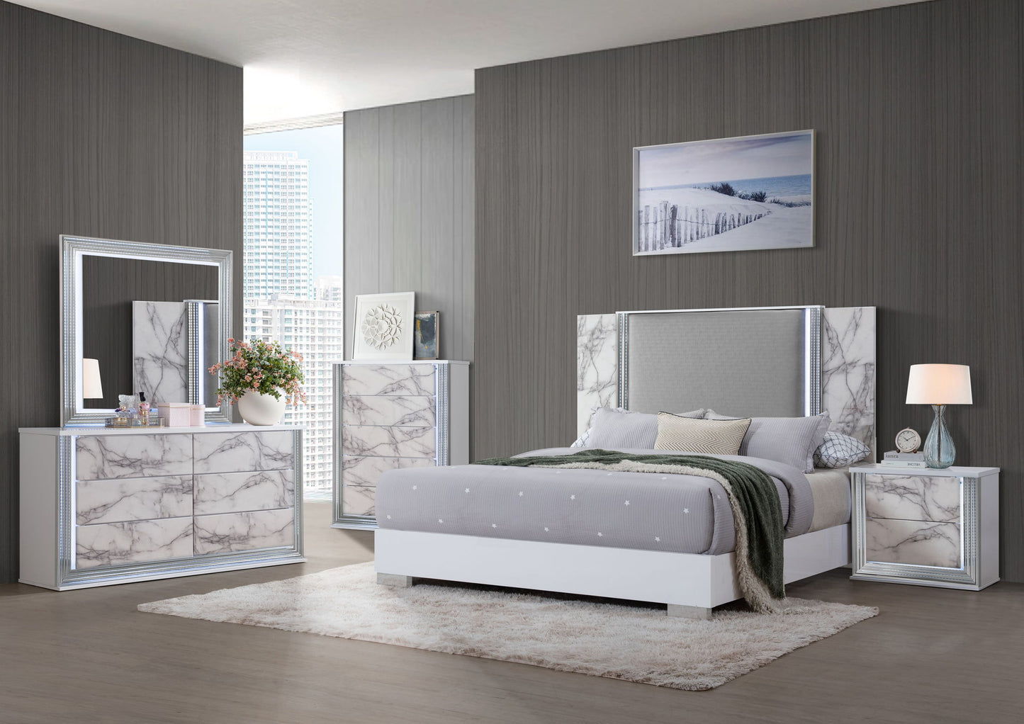 Ylime - Queen Bed Headboard With LED And Footboard - White