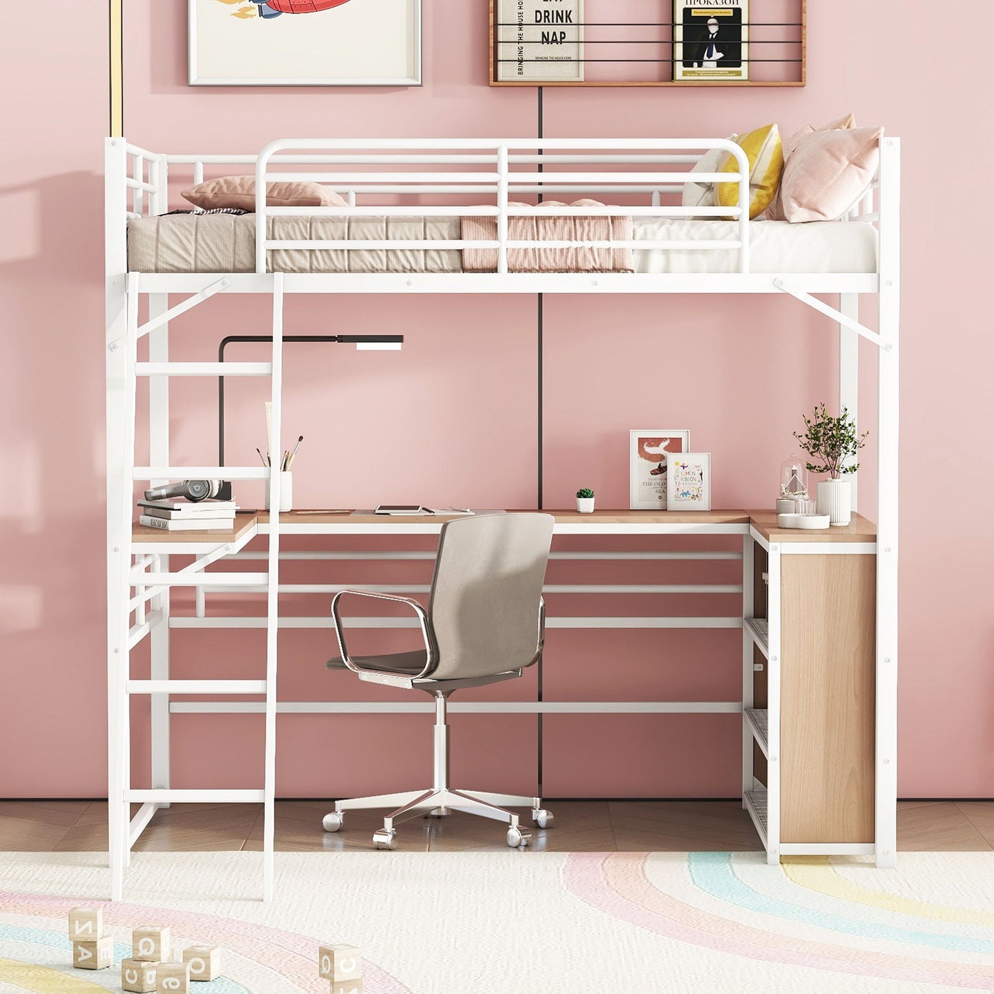 Loft Bed & 3 Layers Of Shelves And L-Shaped Desk