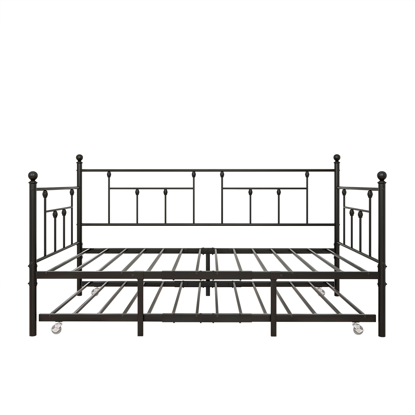 Twin Size Daybed Metal Frame with Trundle Set, Twin Day Bed Sofa, Daybed and Roll Sofa Bed for Guest Room, Bedroom, Living Room, Victorian Style, Black