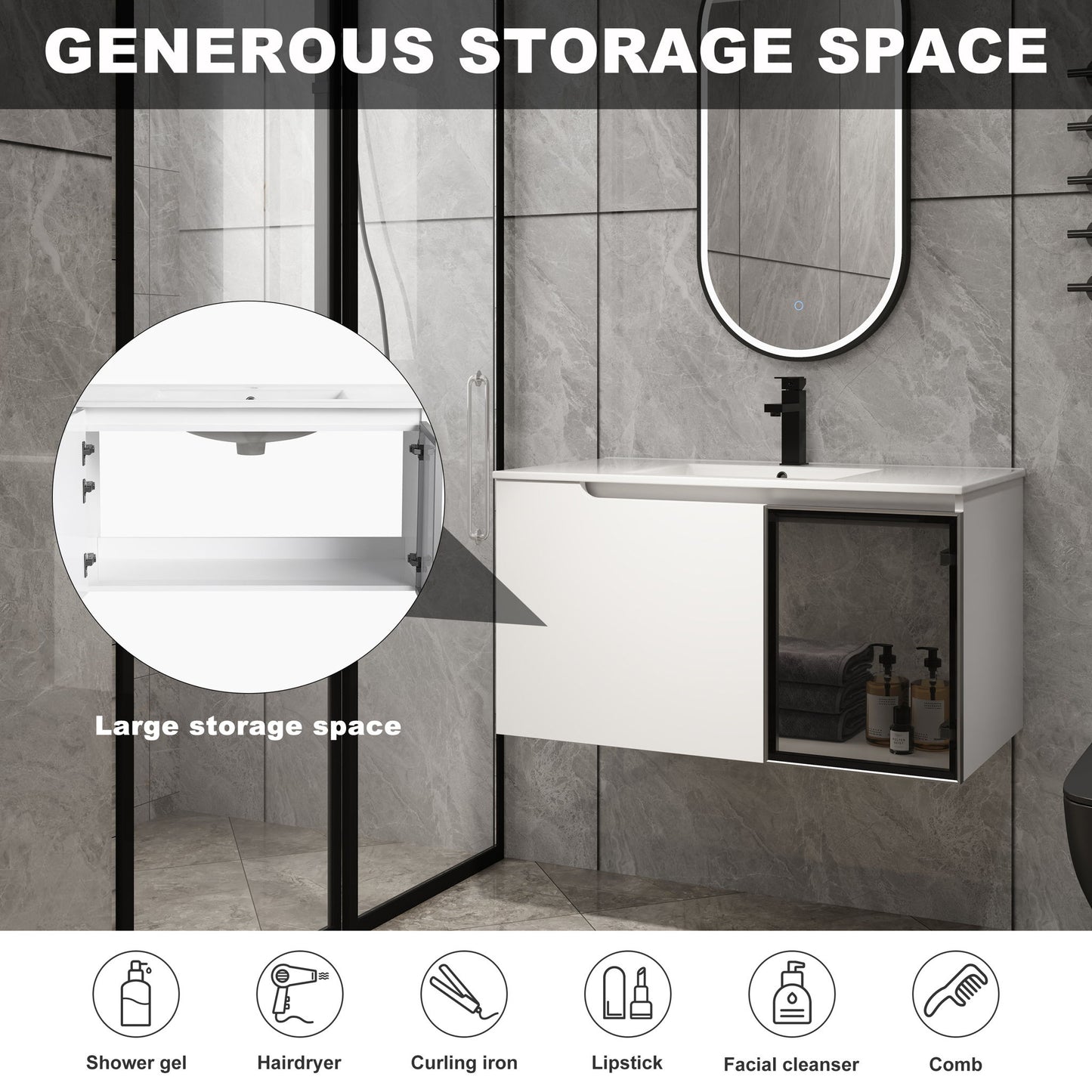 Wall Mounted Bathroom Vanity With Sink, 2 Soft Close Doors, Cabinet & Half Door