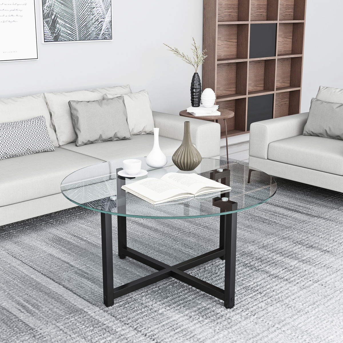 JWS Round Glass Coffee Table, Clear Coffee Table, Modern Side Center Tables For Living Room