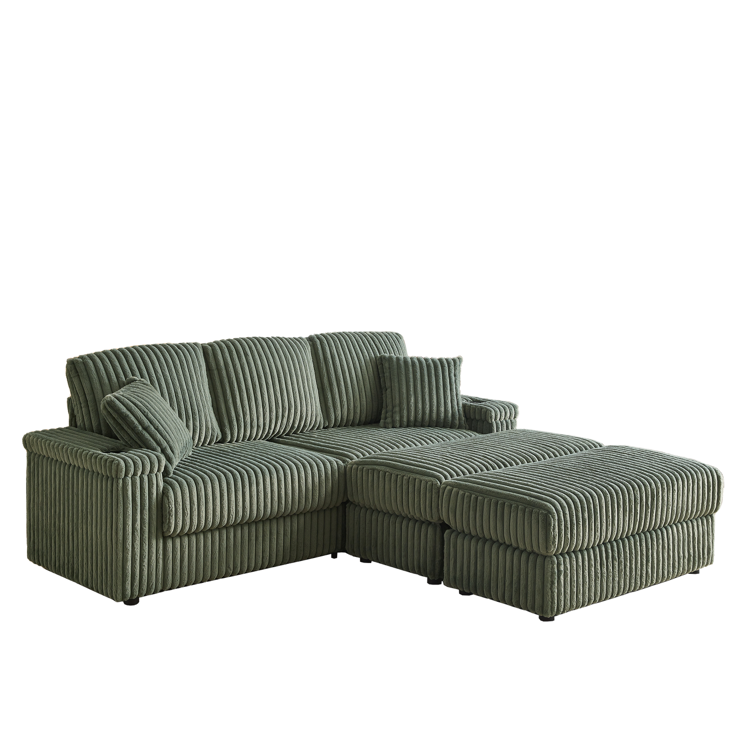 84Inch Corduroy 3-seater sofa With 3 back pillows ,2 toss pillows , a ottoman ,2storage spaces and cup-holding grooves Comfy Sofa- Deep Seat Couch for Living Room