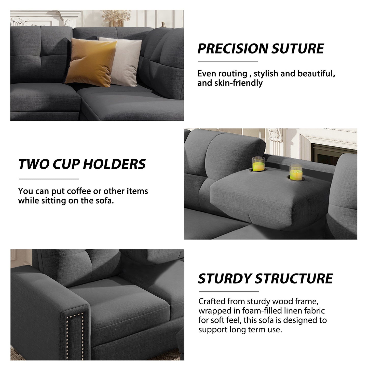 Reversible Sectional Sofa Space Saving With Storage Ottoman Rivet Ornament L-Shape Couch For Large Space Dorm Apartment