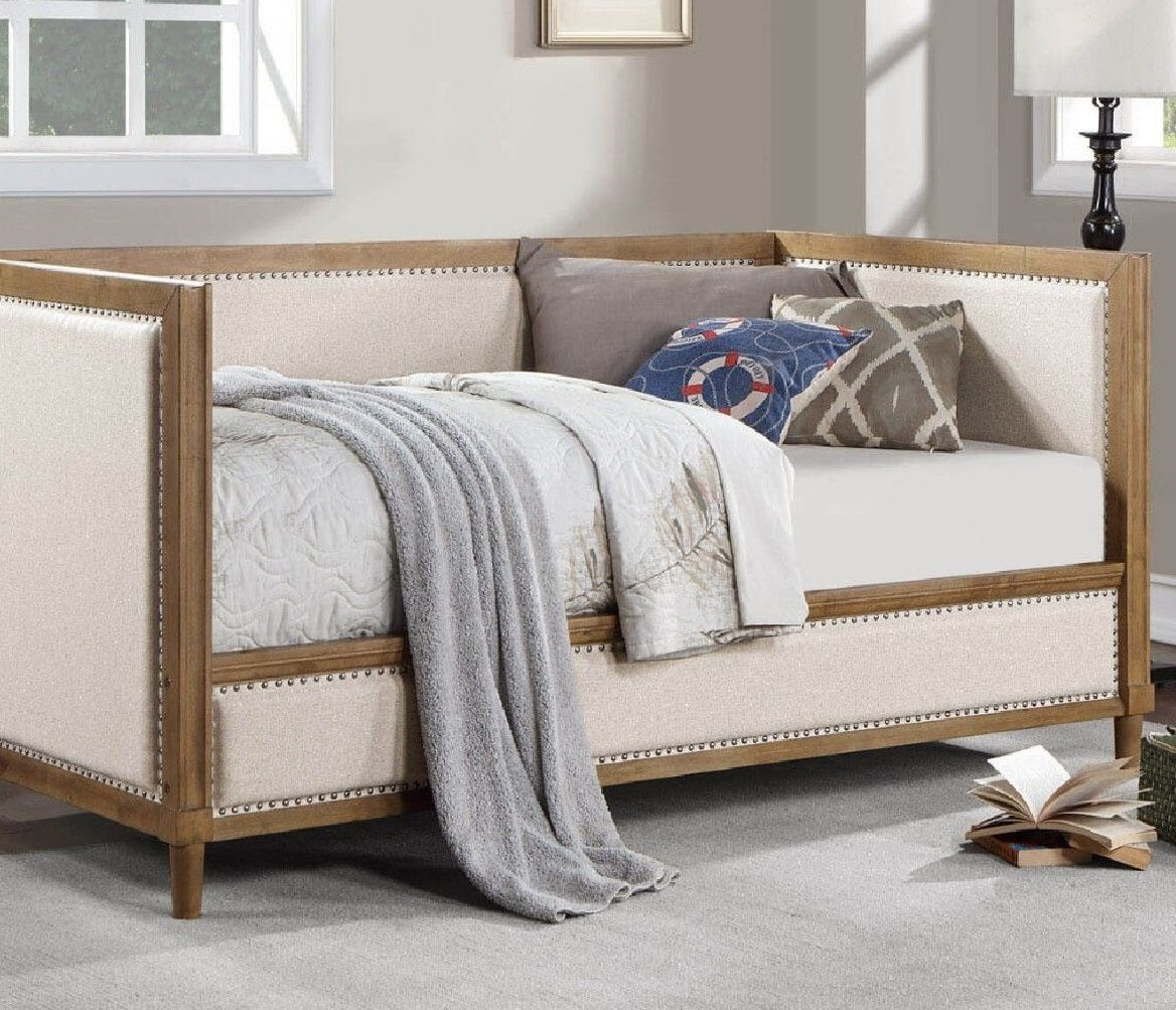 Beige Fabric Upholstered 1pc Day Bed Light Oak Bed Frame Nailhead Trim Bedroom Furniture Mattress Ready Twin Day Bed