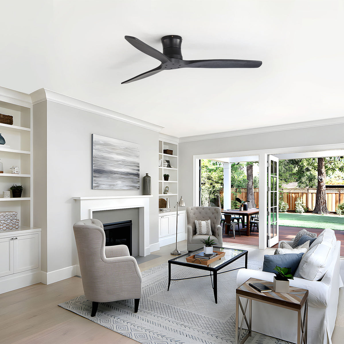 52" Ceiling Fan, No Light Flush Mount Low Profile 3 Blades With Remote Control
