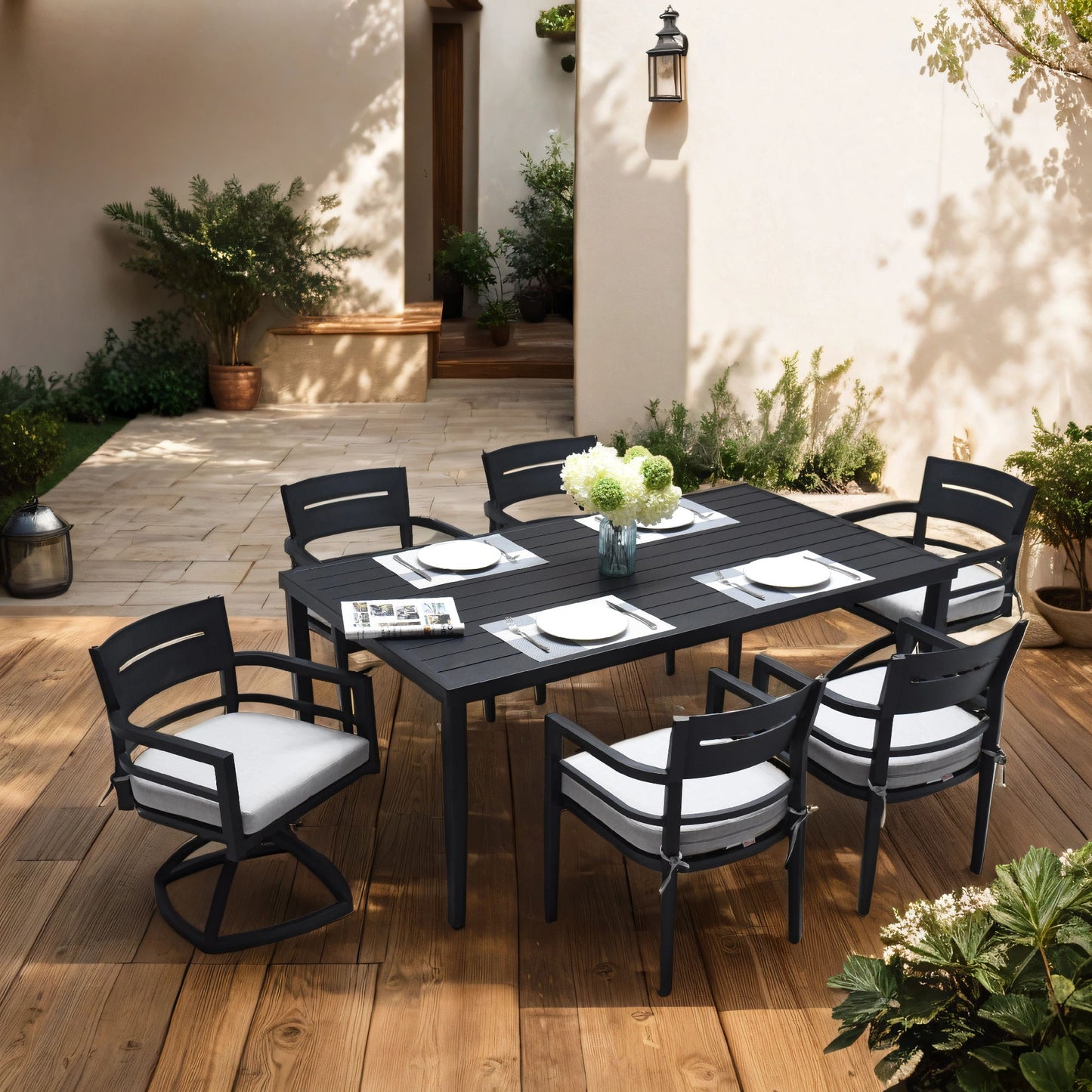 Outdoor Patio Rectangle Dining Table With Tapered Feet & Umbrella Hole