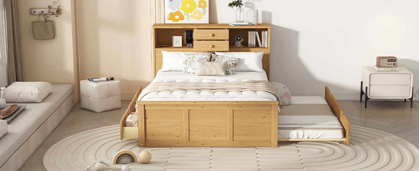 Full Size Wood Pltaform Bed with Twin Size Trundle, 3 Drawers, Upper Shelves and a set of USB Ports & Sockets, Natural