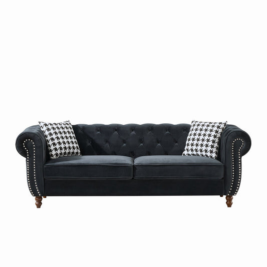 Chesterfield Velvet Upholstery Fabric Sofa With Roll Armrest & Nailhead