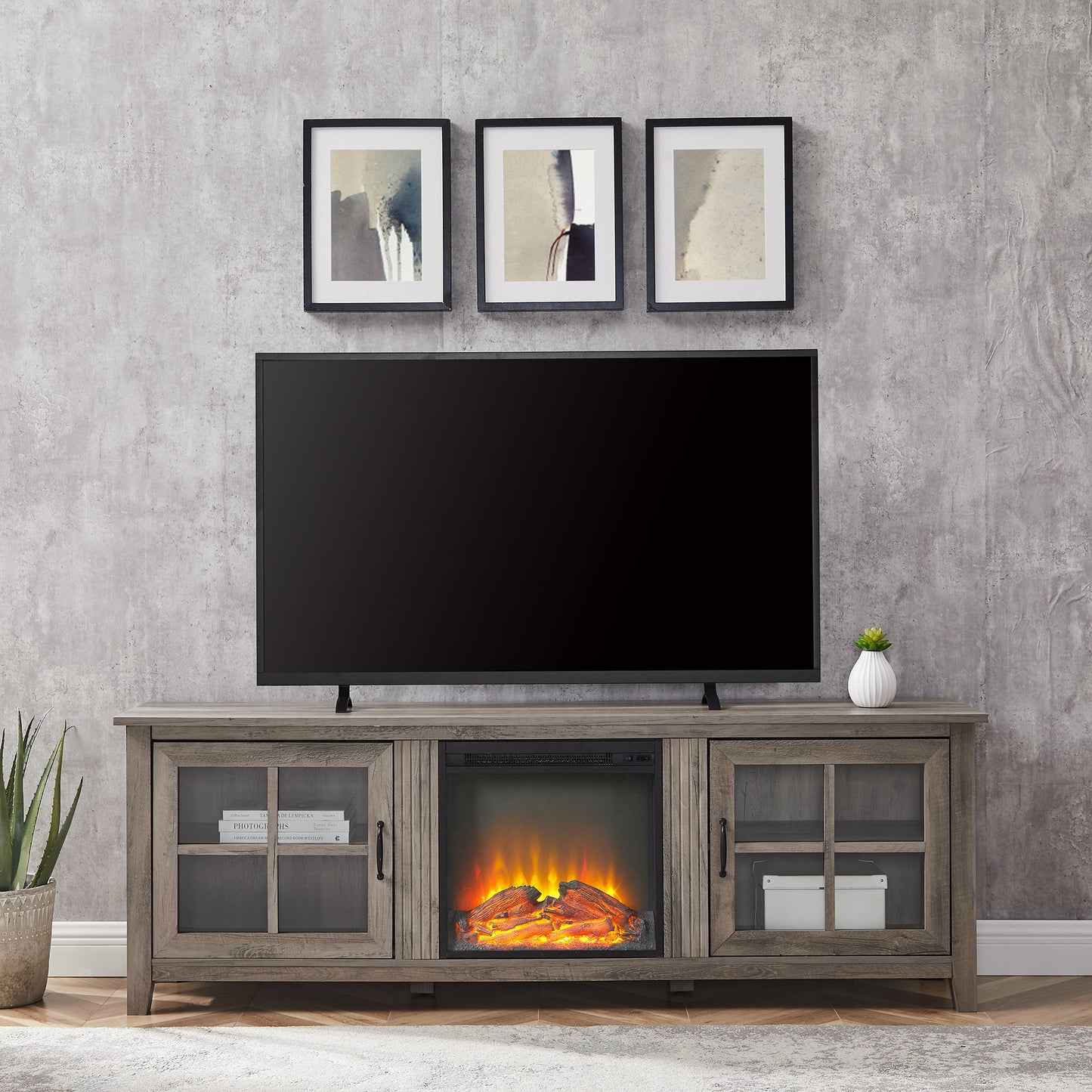 Modern Farmhouse 2 Door Glass Windowpane 70" TV Stand For 80" TVs