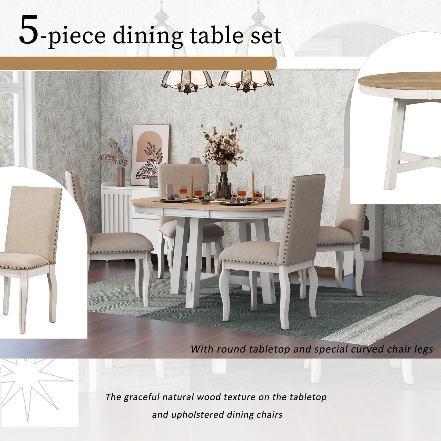 TREXM 5-Piece Farmhouse Dining Table Set Wood Round Extendable Dining Table and 4 Upholstered Dining Chairs (Oak Natural Wood + Antique White)